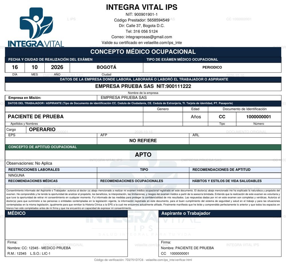 Certificado de concepto médico ocupacional generado por Integra Vital IPS con datos de prueba