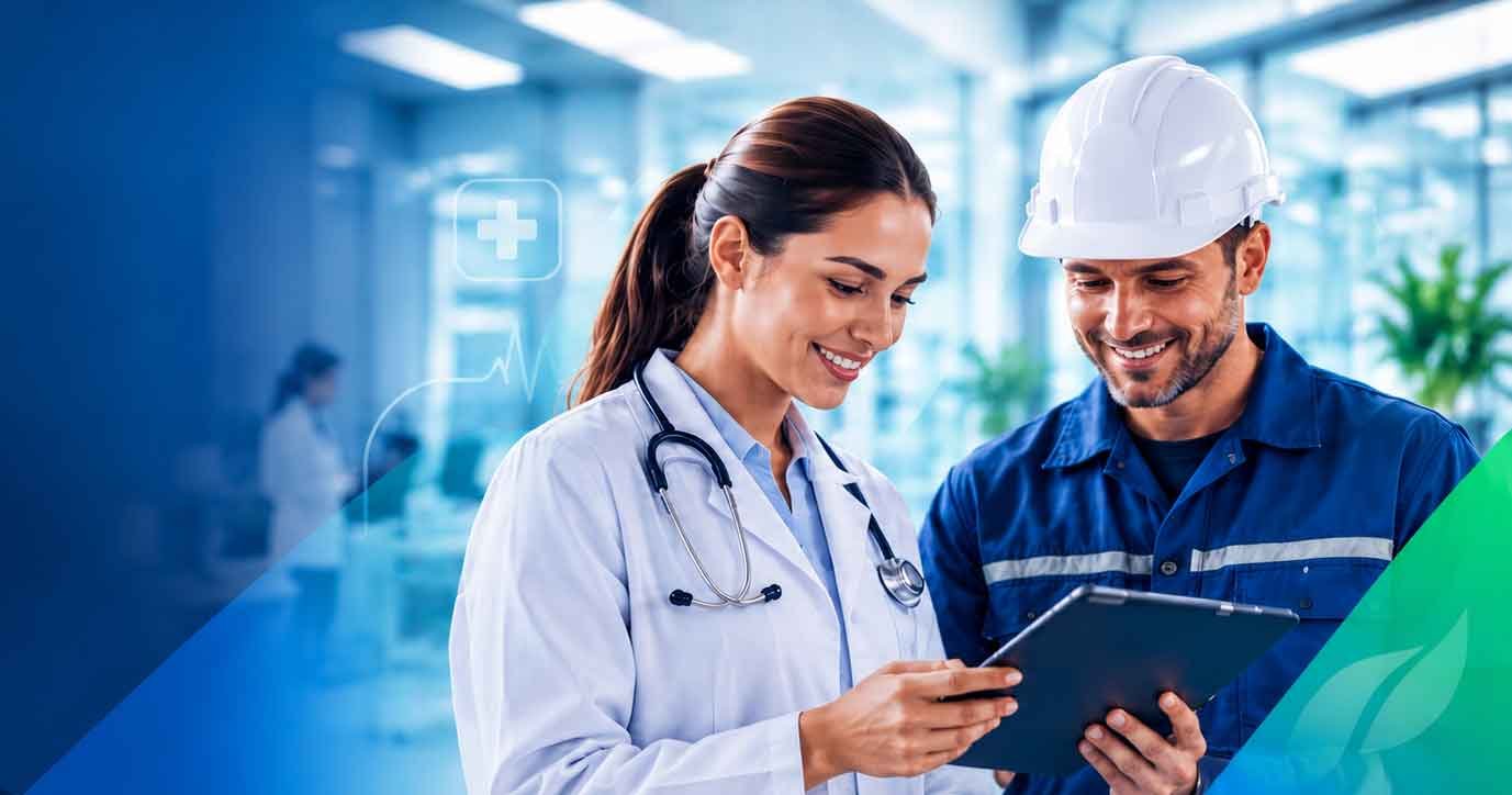 Médica revisando resultados de un examen ocupacional con un trabajador